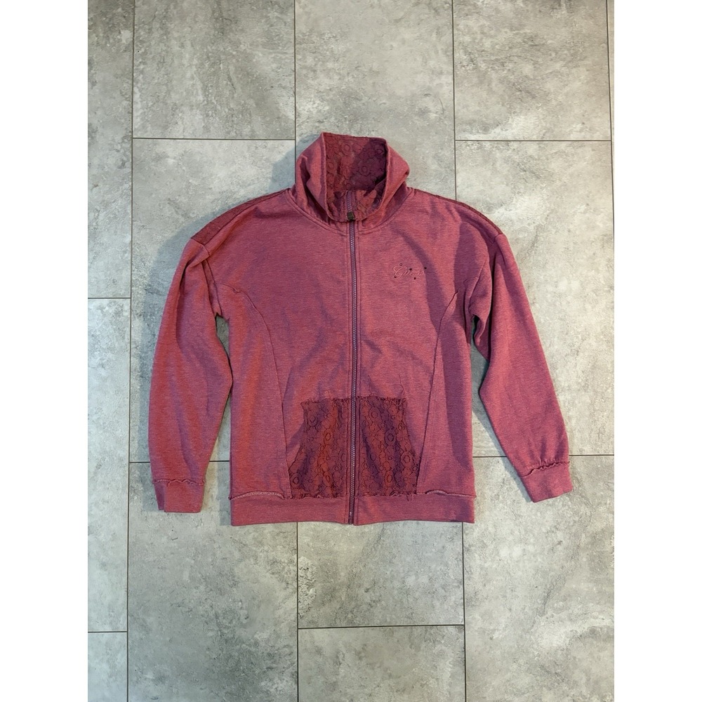 Guess Women's Pink Full Zip Hoodie Lace Trim Rhinestone Logo Y2K
